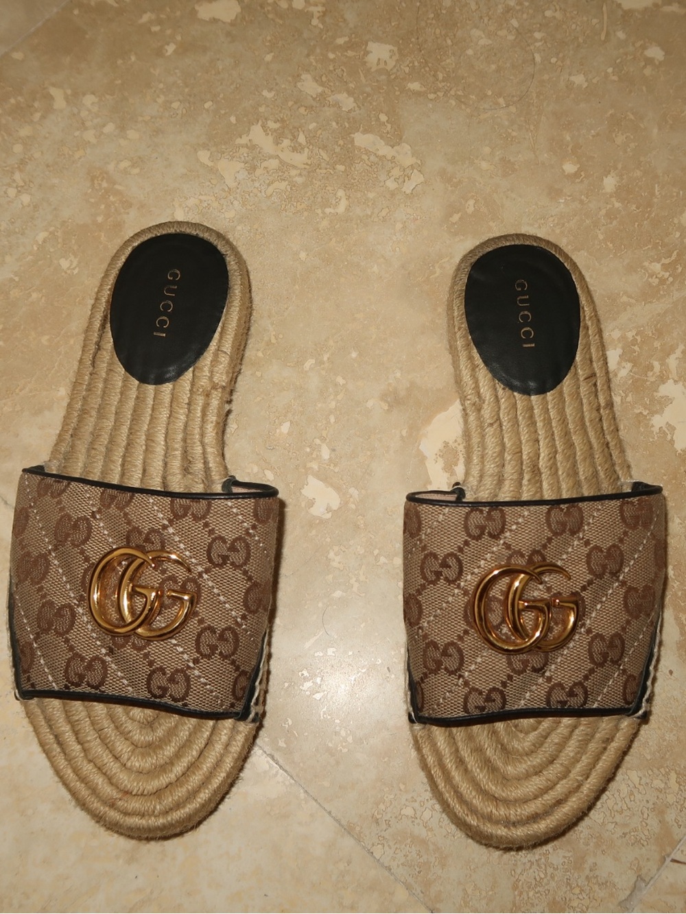 Gucci Beige Brown Monogram Espadrille Slide Sandals with Gold Double G - Picture 1 of 4